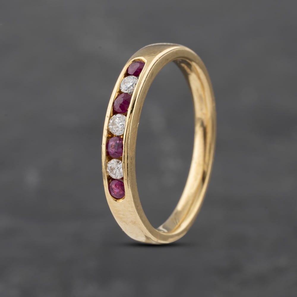 Second Hand 18ct Yellow Gold Ruby Diamond Half Eternity Ring