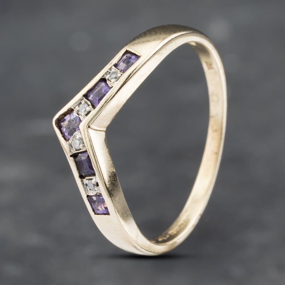 Second Hand 9ct Yellow Gold Amethyst Diamond Wishbone Ring