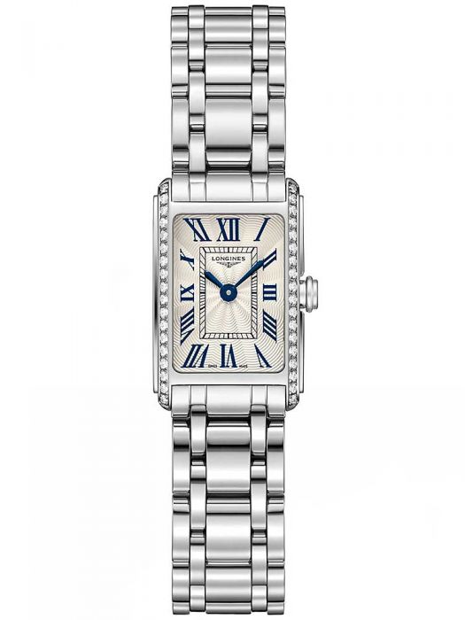 silver Longines watch with rectangular dial set with diamonds, and a bracelet strap