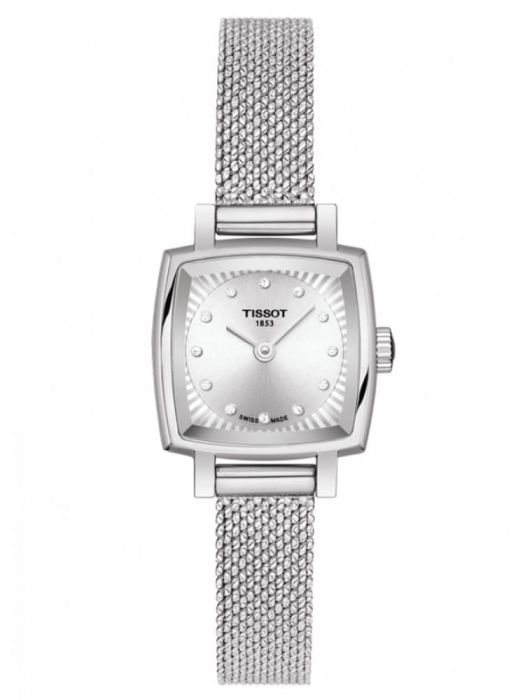 silver Tissot watch with mesh strap, square dial, and 12 diamond hour markers